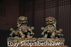 8" Rare paire de sculptures Feng Shui Foo Dog Lion Ball Mon China ancienne bronze doré