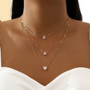 Multilayer Heart Star Waterdrop Pendant Necklace Collar Chain Women Jewellery