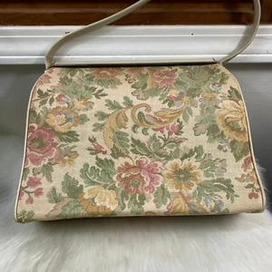 Vintage 50s L & M Cream Floral Tapestry Handbag - Picture 1 of 11