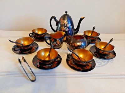Vintage FooChow China Black Lacquer Oriental Tea Coffee Set 22pcs Dragon Motif - Image 1 of 4