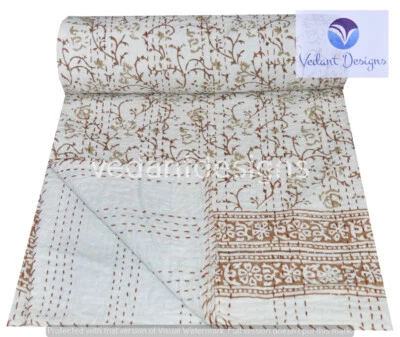 Colcha india edredón Kantha individual estampado en bloques vintage de algodón hecha a mano Foto 1 de 4