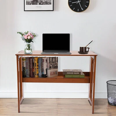 Moderno Escritorio Plegable para Computadora con Estantería Bambú Dormitorio Oficina Escritorio Foto 1 de 4