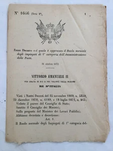 Decreto Approva Ruolo Normale Impiegati Amministrazione delle Poste 1873 - Picture 1 of 1