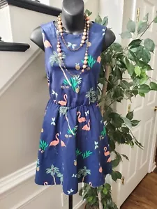 Bailey Blue Women's Navy Tropical Flamingo Print Crew Neck Knee Length Dress M - Picture 1 of 9