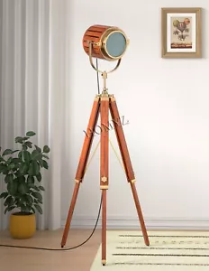 Spotlight Tripod Floor Lamp Standing for Living Room Cafes Brown Wood Polished - Picture 1 of 3