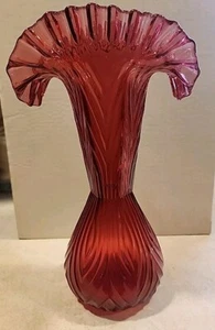 Vintage Cranberry 12"Blown Glass Vase Ruffled Edge 50/60's - Picture 1 of 7