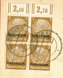 Germany Reich 3pf Marginal Block of 4 Overprint LOTHRINGEN used on cover - Picture 1 of 2