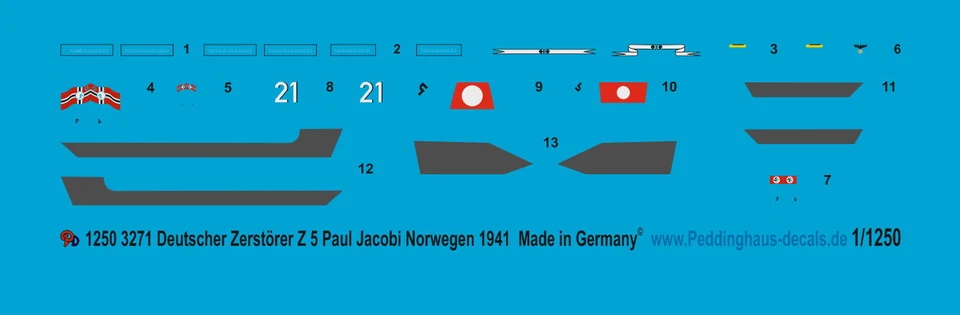 Peddinghaus-Decals 1/1250 3271 Cacciatorpediniere Tedeschi Z5 Paul Jacobi Con - Immagine 1 di 1