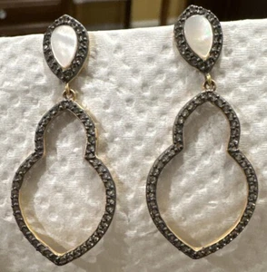 Frieda Rothman Mother Of Pearl, Pave and Black Rhodium Gold Dangle Earrings CZ - Picture 1 of 8