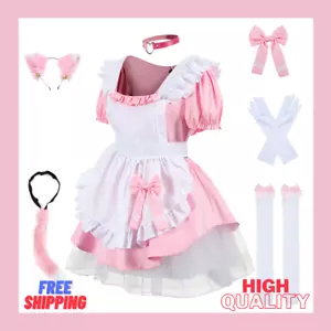 Pink French Maid Outfit Lace Apron Furry Cat Ears Cosplay Lolita Anime Costume - Picture 1 of 7