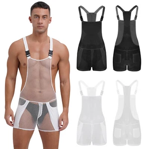 Mens Bodysuit Fitness Catsuit Mesh Jumpsuit Overalls Rompers Sexy Underwear - Picture 1 of 33