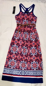 LA Conduct Girls Red/Blue Floral Paisley Long Belted Maxi Dress Racerback Sz 12 - Picture 1 of 7