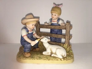 Vtg 1985 Home Interiors Denim Days by Homco #8807 Danny&Debbie Feeding Baby Goat - Picture 1 of 9