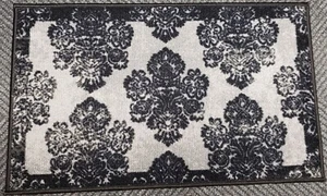 TEXTILE KITCHEN RUG (nonskid back)(20"x30") BLACK DAMASK FLOWERS ON GREY,rect,WW - Picture 1 of 9