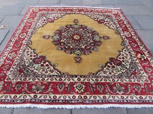 Vintage Worn Hand Made Traditional Oriental Wool Gold Square Carpet 247x243cm