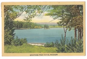 Gruß TARKIO Blick auf den See MISSOURI Postkarte MO Leinen 1946 - Bild 1 von 2