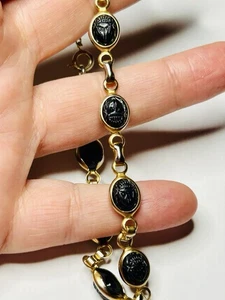Vintage Black Scarab Bracelet Egyptian Revival Gold Tone Link 7 Cabochons 8” - Picture 1 of 11