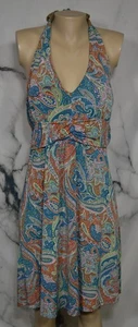 TALIA Teal Orange Lavender Paisley Halter Dress Large Padded Bust Beaded Accent - Picture 1 of 9