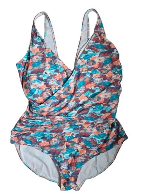 NWT L.L.Bean Slimming Swimwear Tanksuit Watercolor Floral Blue Coral Size 22W - Image 1 of 3