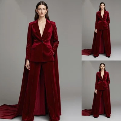 Traje de Terciopelo Rojo para Mujer con Capa Moderno Moda Chaqueta Baile de graduación Fiesta Abrigo Conjunto Foto 1 de 4