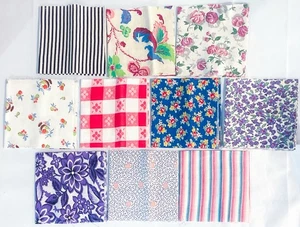 Vtg Set 10 Cut Squares Feed Sack Feedsack Floral & Stripes Prints 10” X 10” Each - Picture 1 of 14