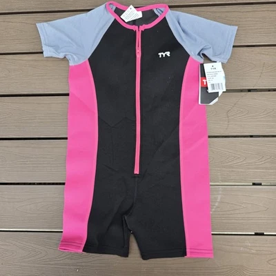 TYR Girls Solid Thermal Swim Suit Zip up Black Pink Grey Size 7/8 New - Image 1 of 4
