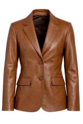 Women's Genuine Brown Lambskin Leather Blazer Jacket – 2 Button Casual Coat - Image 1 of 4