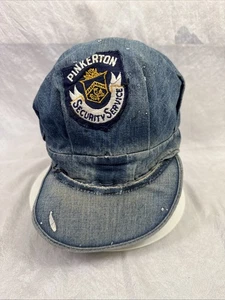 VINTAGE DENIM  Handmade Cap With Pinkerton Security Service Patch - Picture 1 of 11