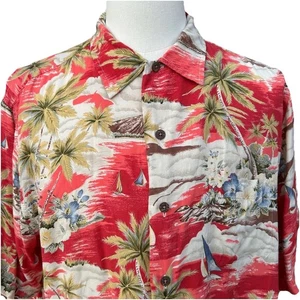 Lands' End Mens Hawaiian Shirt XL Palm Tree Sailboat Print Resortwear Vacay - Picture 1 of 5