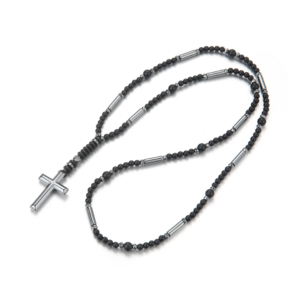 Collana pietra naturale onice croce ematite rosario donna uomo di moda - Immagine 1 di 3