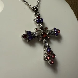 Beautiful Silver Cross With Multi Colored Crystals Pendant Necklace - Picture 1 of 6
