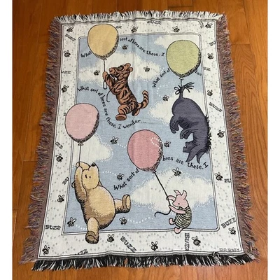 VTG Disney Classic Winnie The Pooh Balloon Tapestry Blanket Throw Goodwin Weaver - Image 1 of 4