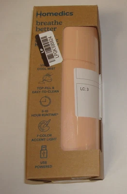 Homedics Breathe Better Portable Ultrasonic Humidifier in Peach. USB - Image 1 of 2