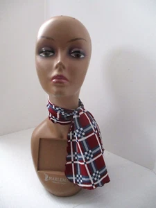 Women's Short Neck Scarf Plaid Burgundy Blue White Polyester Fabric - Picture 1 of 14