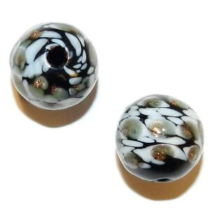 G4281 Black w White & Copper Sparkles 15mm Round Blown Lampworked Glass Bead 2pc