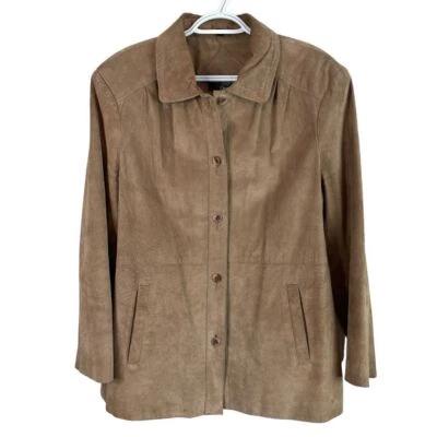 Chaqueta de cuero genuino Orvis vintage para mujer L marrón abotonada forrada pesada al aire libre Foto 1 de 4