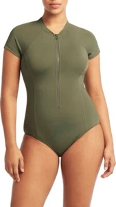 Sea Level Short Sleeve Multifit Front Zip One-Piece Swimsuit Plus Size 18 Green - Picture 1 of 9