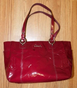 Coach Burgundy Patent Leather Purse Bag Tote, Gallery, Signature C Logo, F17728 - Picture 1 of 7
