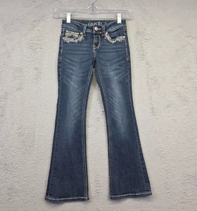Jeans Grace in LA Niñas 7 Azul Acampanado Tiro Bajo Lavado Oscuro Y2K Tachonado Bordado - Imagen 1 de 15