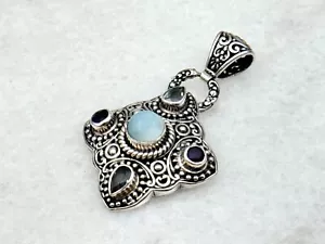 Bali Beaded Larimar Amethyst Topaz Gemstone Pendant - 925 Sterling Silver - Picture 1 of 3