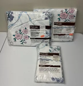 Vintage JcPenney Perkal volle Größe Lakenset Spannbetttuch flache Kissenbezüge Blumenband - Bild 1 von 7