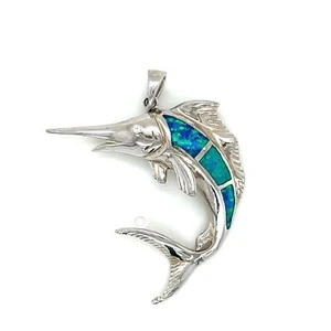 Gift 925 Sterling Silver And Fire Opal Marlin Sail Fish Pendant , Gift for Girls - Picture 1 of 4