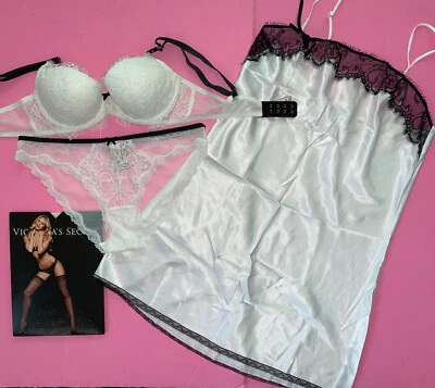 Victoria's Secret 34B JUEGO SUJETADOR+BRAGUITA+S,M DESLIZAMIENTO BLANCO NEGRO ENCAJE terciopelo NOVIA Foto 1 de 4