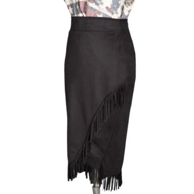 Western High Waisted Faux Suede Fringe Midi Pencil Skirt G&B Size S 6 Cowgirl - Image 1 of 4