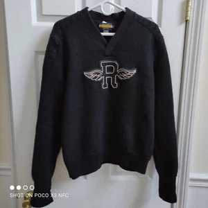 RALPH LAUREN RUGBY Black Wool V-Neck Elbow Patch Pullover Sweater XL run small - Picture 1 of 17