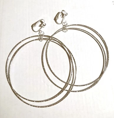 Creolen Ohrclips silberf zwei Ringe diamantiert glitzernd Clips schmal groß 9 cm - Bild 1 von 2