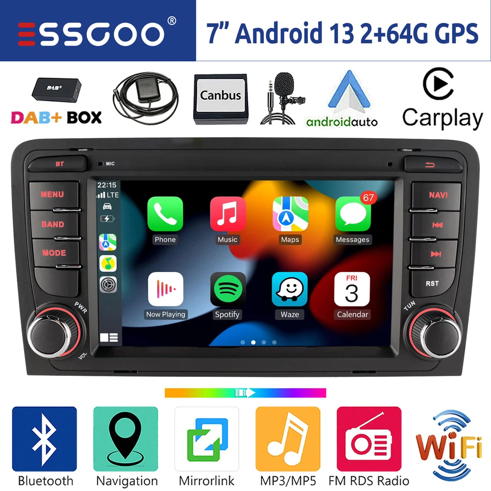 DAB+ 64G Für Audi A3 S3 RS3 8P 8PA Carplay Android13 Autoradio GPS Navi RDS WIFI - Bild 1 von 4