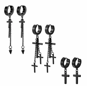 3 Pairs Women Men Stainless Steel Hoop Huggie Cross Tassle Dangle Drop Earrings - Picture 1 of 6