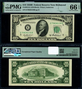 FR. 2012 E $10 1950-B Federal Reserve Note Richmond E-B Block Gem PMG CU66 EPQ - Picture 1 of 3