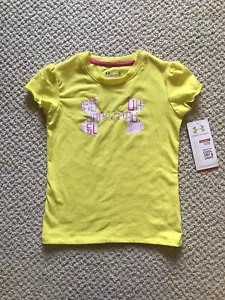Under Armour Girl Activewear Top Yellow Pink Logo Fitted HeatGear Size 5 NWT - Picture 1 of 5